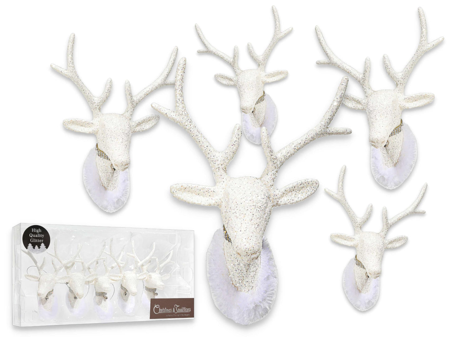 Christmas Traditions 6 inch Glittered Iridescent White Reindeer Head (Set of 5) Ornaments Hanging Tree Decorations (Platinum White) (Large)
