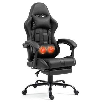 Massage Gaming Chair w/Footrest, Ergonomic High Back PC Chair w/Headrest and Lumbar, PU Swivel Home Desk Office Chair, Black