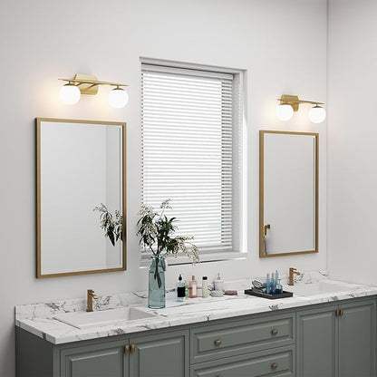 Gold Vanity Lights for Bathroom, 2-Light 20 Inch Bathroom Lighting Fixtures over Mirror with Milky White Frosted Glass Shades, Wall Sconces for Bathroom, Bedroom, Living Room(G9 Bulb not Included)