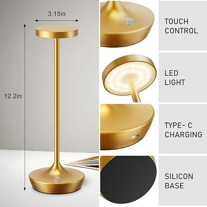 Rechargeable Table Lamp Cordless - 6000mAh Battery Operated LED Table Light - Portable Touch Dimmable Outdoor Waterproof Table Lamps for Patio Restaurant Dining (Gold)