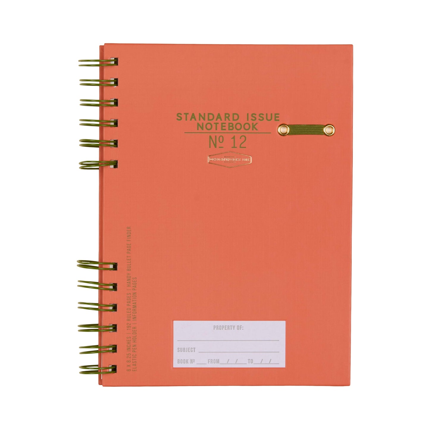 DesignWorks Ink Standard Issue Notebook No. 12, Undated Daily Planner & Writing Journal, 192 Lined Pages, Elastic Pen Holder, Small Spiral Notebook for Work & Journaling, 6 x 8.25 in, Army Green + Chili