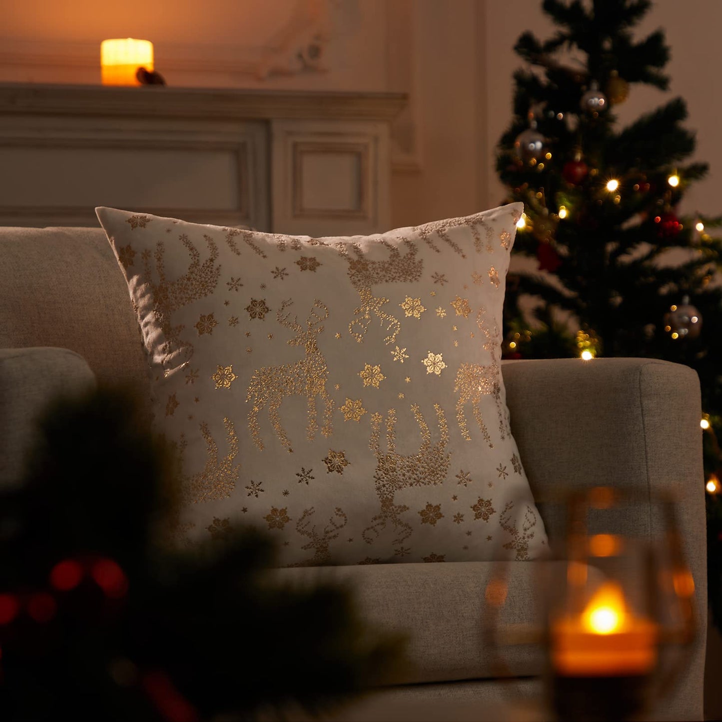 Topfinel Christmas Pillow Covers 20x20 Set of 2,Xmas Cream Velvet Snowflake Reindeer Decorative Pillow Case Winter Holiday Decor for Home Couch,White and Gold