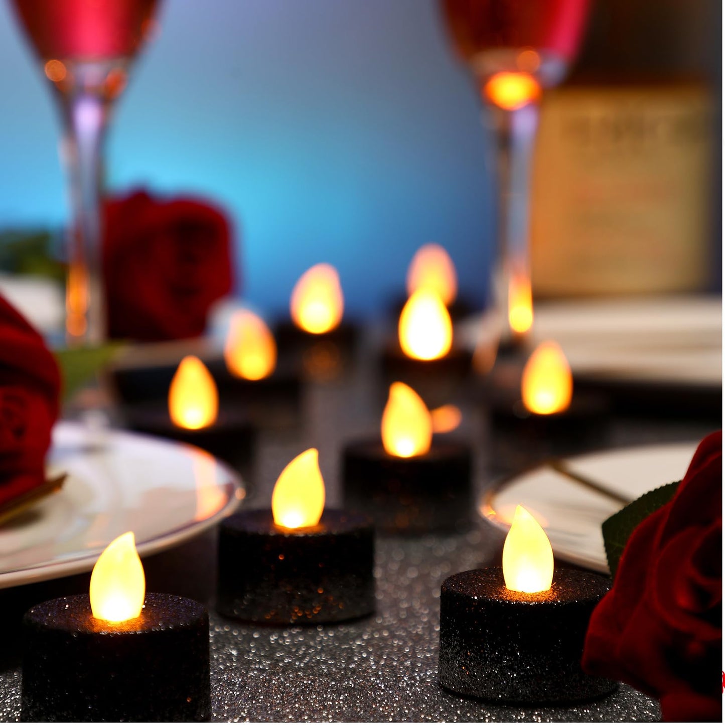 Retisee 48 Pcs Flameless LED Tea Lights Glitter Electric Fake Candles for Centerpieces Battery Operated Anniversary Decorations Romantic Winter Decor for Wedding Christmas Birthday(Black Silver)