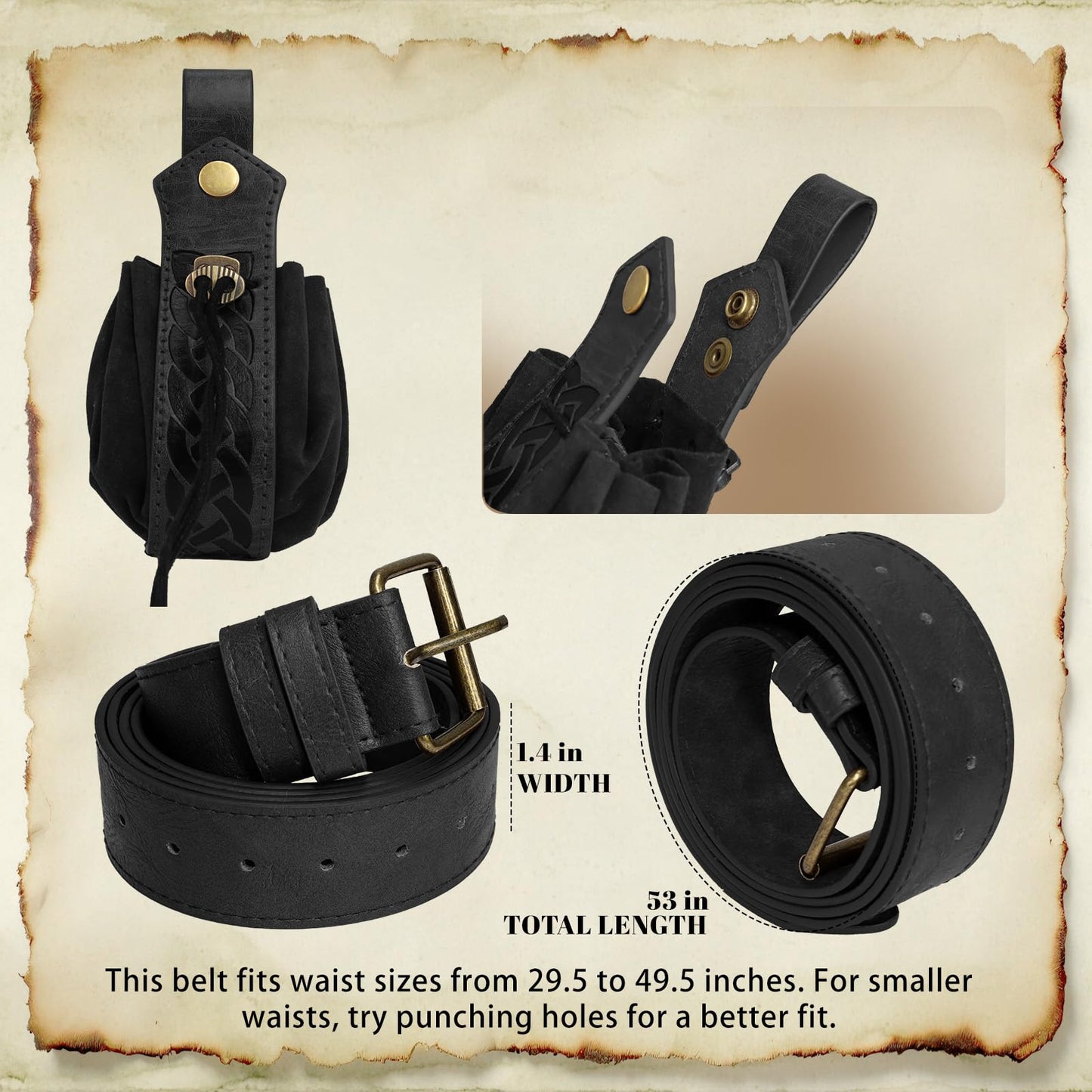 Renaissance Belt Pouch Medieval Viking Pirate Leather Bag Potion Bottle Set Skirt Hike Halloween Cosplay Costume Accessorie(Black, Belt Pouch)
