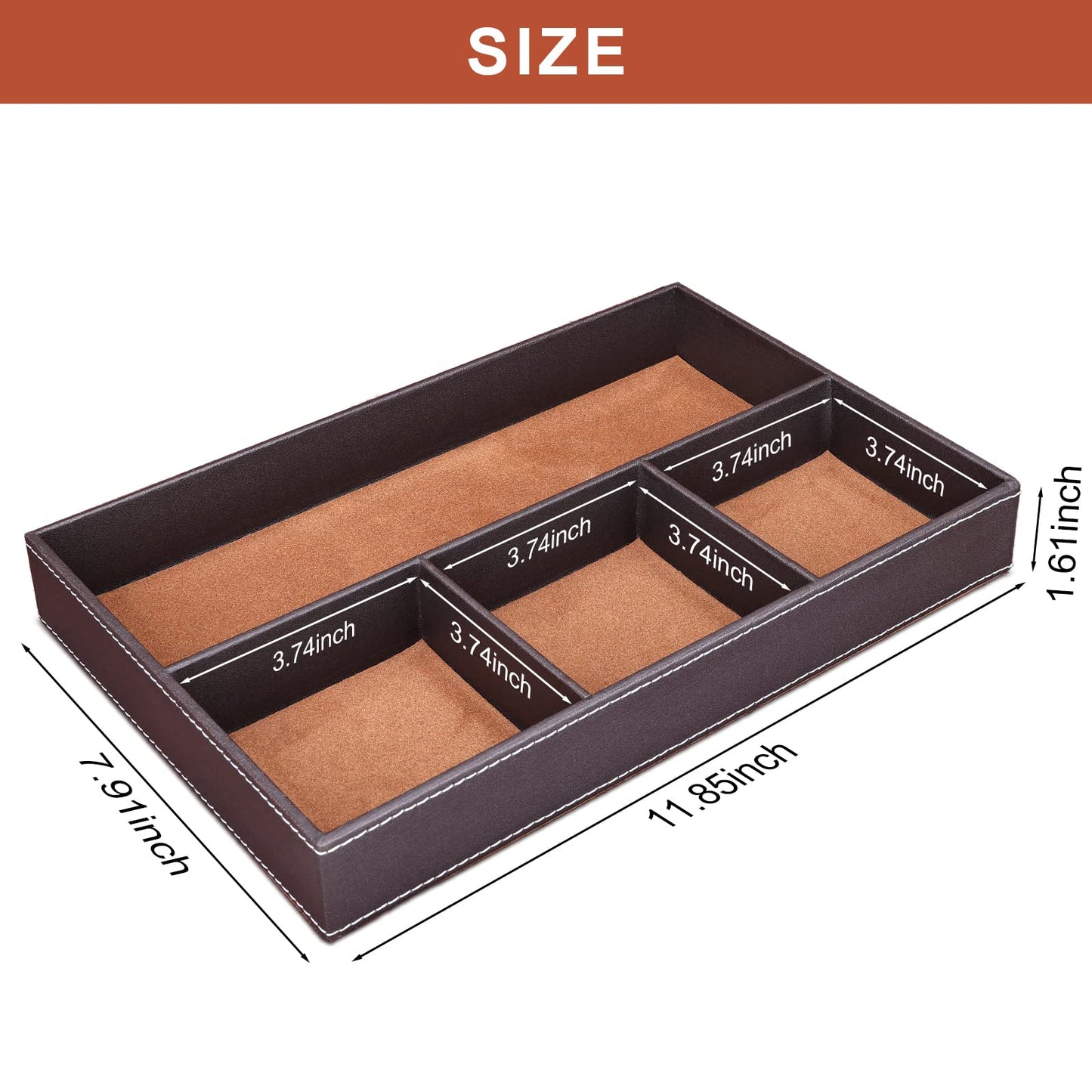 GORESE 2 Pieces Faux Leather Valet Tray for Men, Stackable Jewelry Trays for Drawers, Mens Dresser Top Organizer for Key, Wallet, Sunglass, Watch, Coin, Phone, Nightstand Bedside Tray Brown