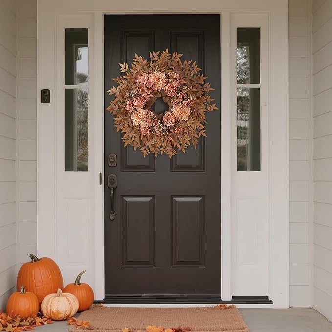 26" Fall Wreath for Front Door - Large Artificial Dahlia Flowers Fake Rose Faux Maple Leaves Outdoor Wreath for Porch, Window,Farmhouse,Home,Thanksgiving Day Harvest Festival Autumn Decor