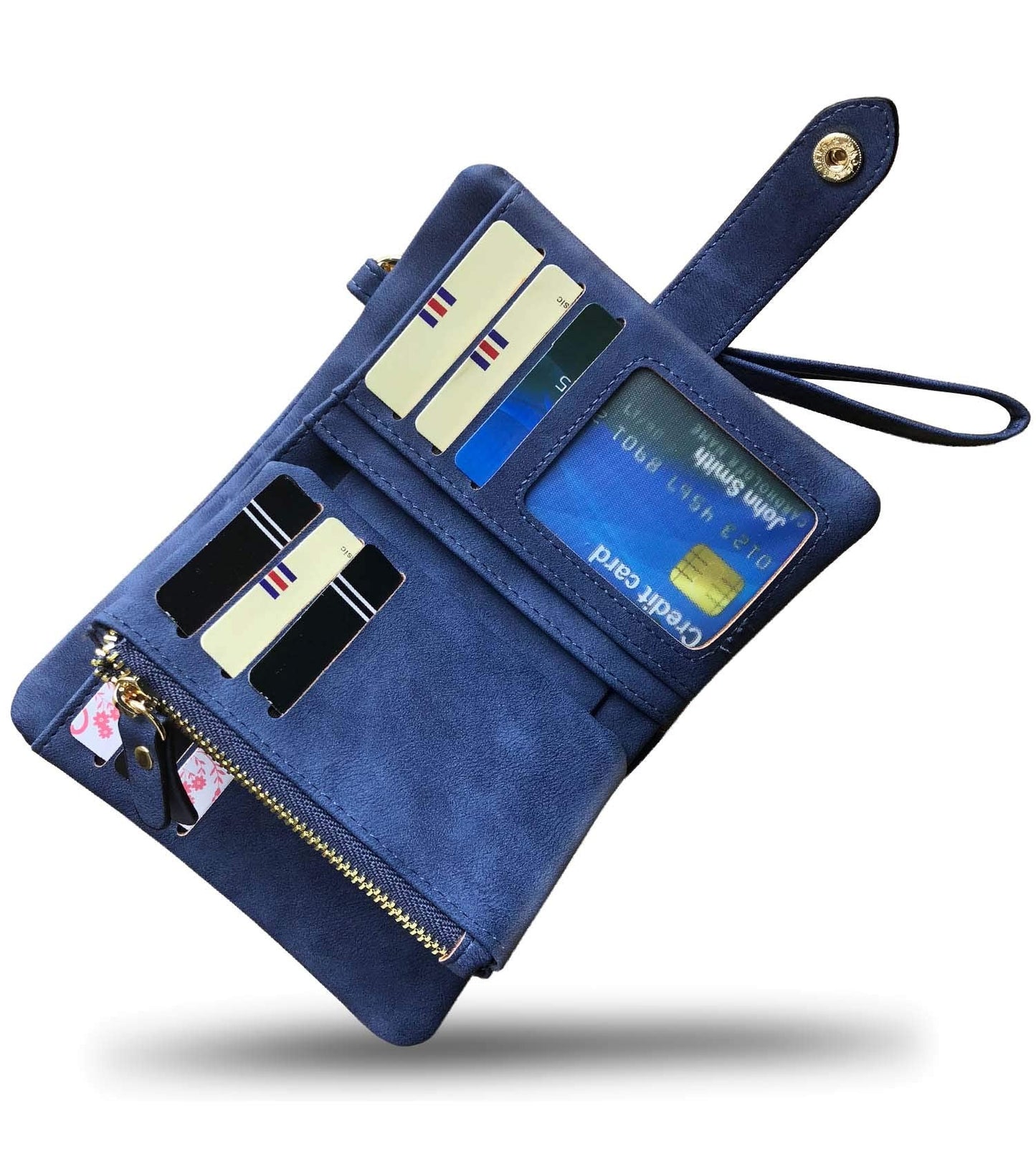 AOXONEL Women's Small Bifold Leather wallet Rfid blocking Ladies Wristlet with Card holder id window Coin Purse (Blue)