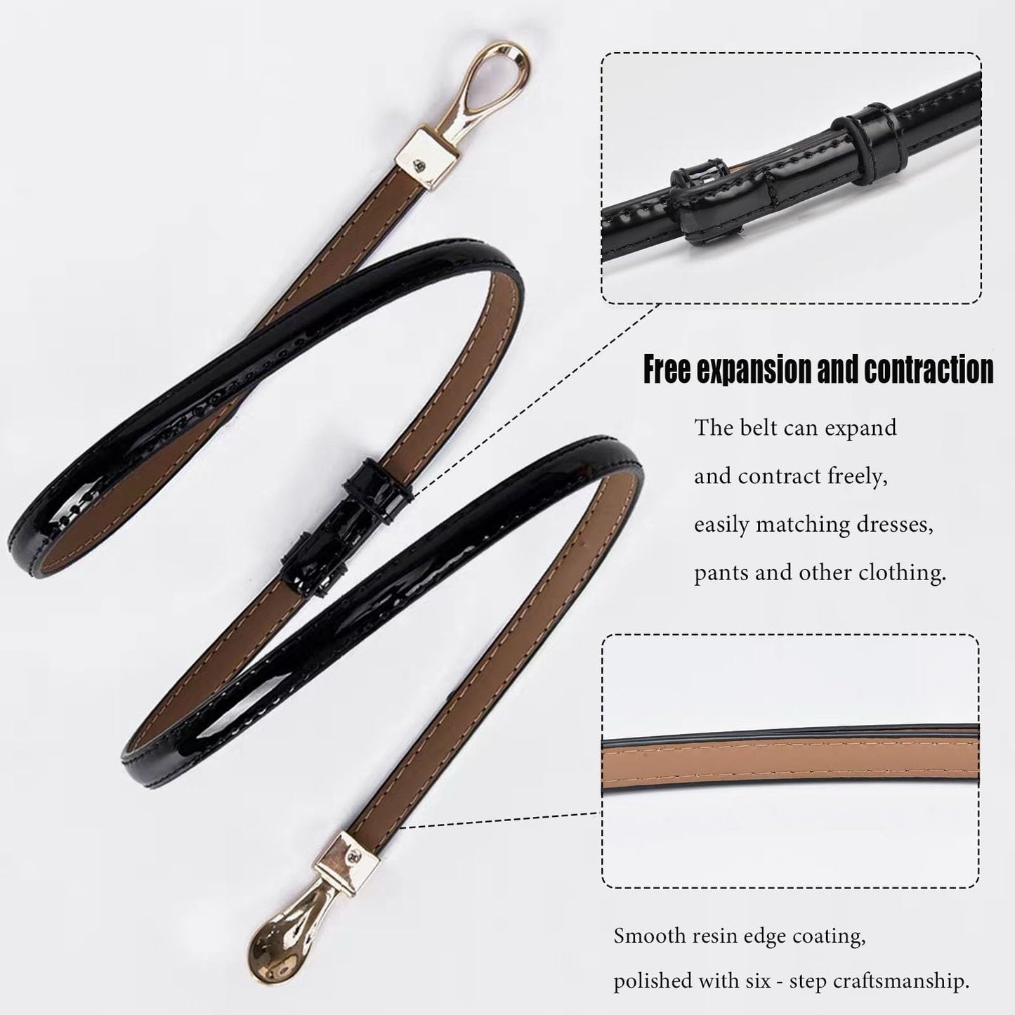 ORUIVO Stylish Skinny Cowhide Split Leather Belt - Shiny Patent Leather with Gold Metal Buckle & Adjustable Fit (black, one size, Square buckle)