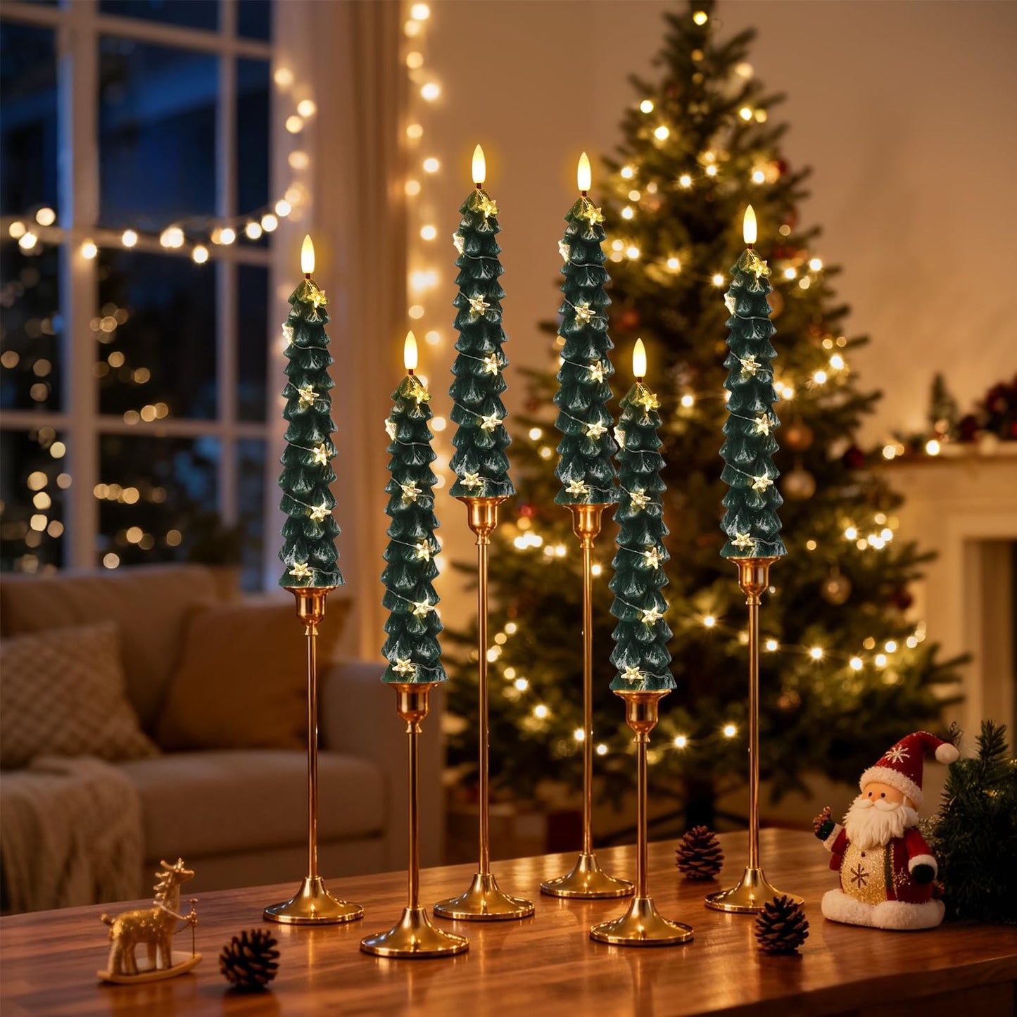 Wondise Christmas Tree Flameless Taper Candles with String Lights, Battery Operated with Remote and Timer, Real Wax LED Taper Candles with 3D Wick for Christmas Decoration