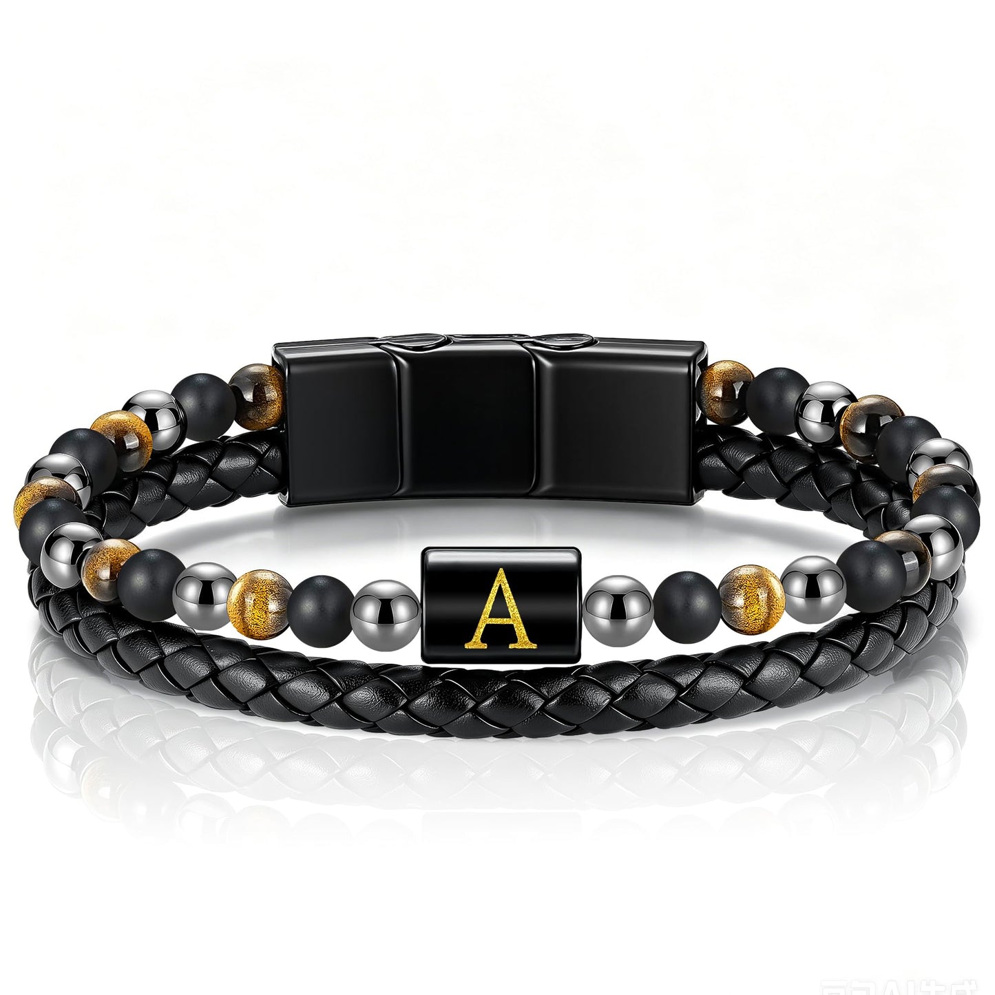 OUTSTHAND Leather Initial Bracelets for Men, Tiger Eye Beaded Bracelets Birthday Gifts for Husband Boyfriend Dad Gifts for Mens Personalized Mens Jewelry Fathers Day Gift for Men