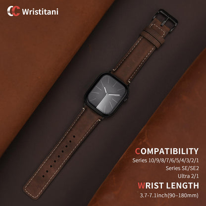 Wristitani Leather Band Compatible With Apple Watch Bands 49mm 46mm 45mm 44mm 42mm 41mm 40mm for Men,Genuine Leather Replacement Band for iWatch Ultra2 Ultra Series 10 9 8 7 SE2 SE 6 5 4