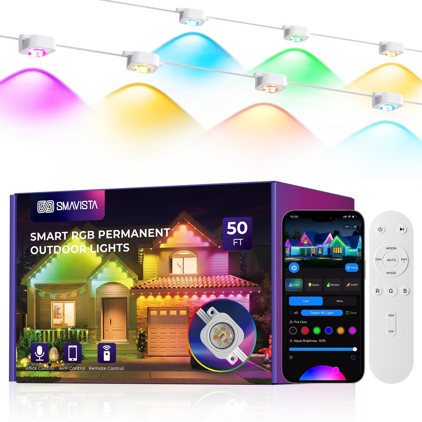 SMAVISTA Smart Permanent Outdoor Lights Pro, 50ft 30LED RGB+IC+Warm/Cool White for Daily, 100+ Scene Modes, Waterproof Eaves Light for Halloween Christmas Decor, Works with Alexa, Google Assistant