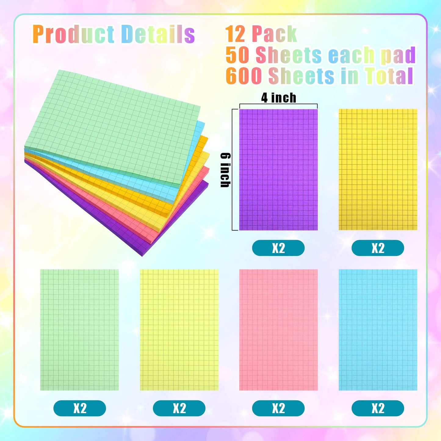 12 Pads Grid Paper Sticky Notes Writing Notepad 4 x 6 Inch Grid Lines Sticky Notes Graph Paper with Black Lines Notepad Memo for Office Home, 50 Sheet Each(Mixed Color)