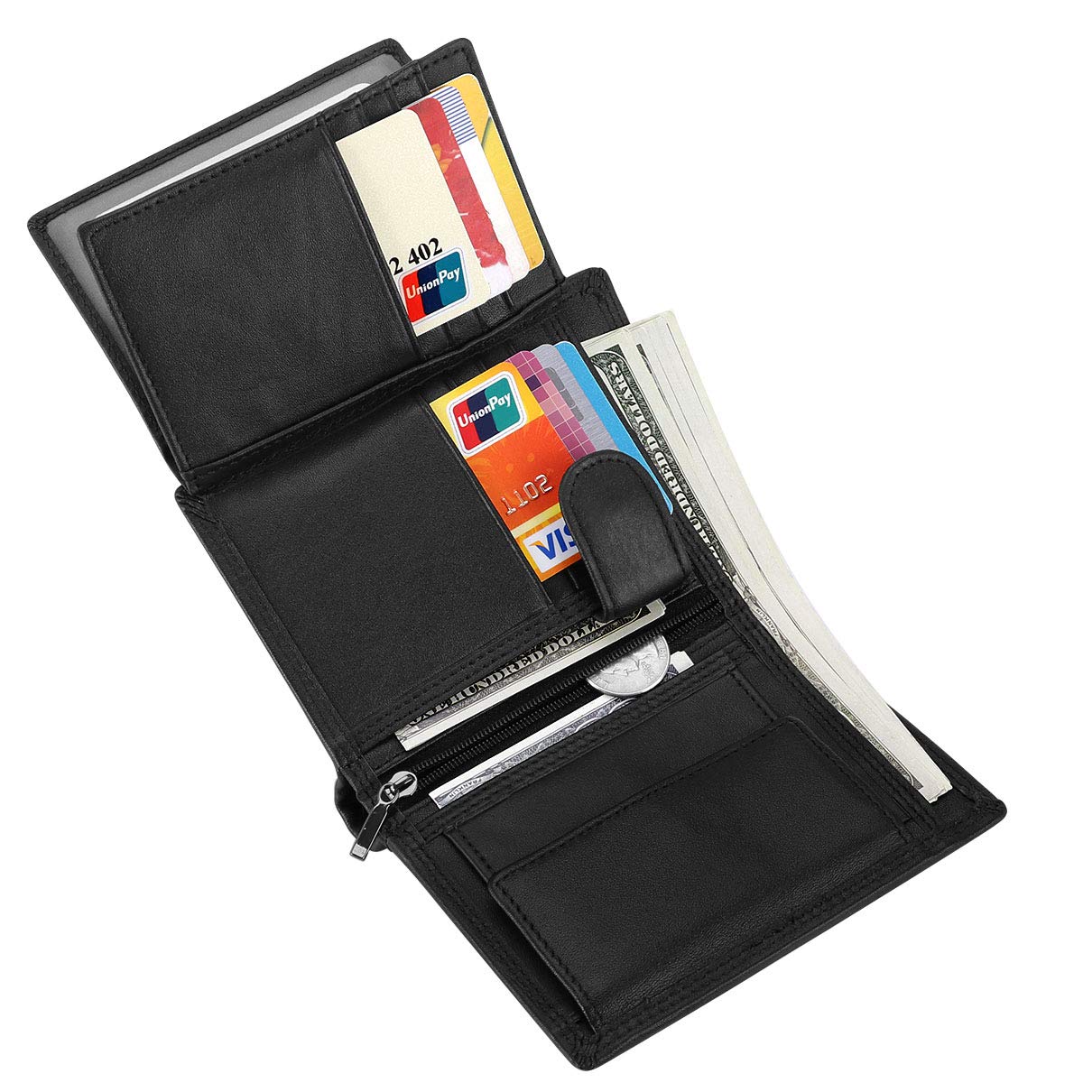 HAWEE Trifold Billfold RFID Blocking Cowhide Leather Wallet for Men 10 Card Slots 2 ID Windows with Coin Pocket, Black