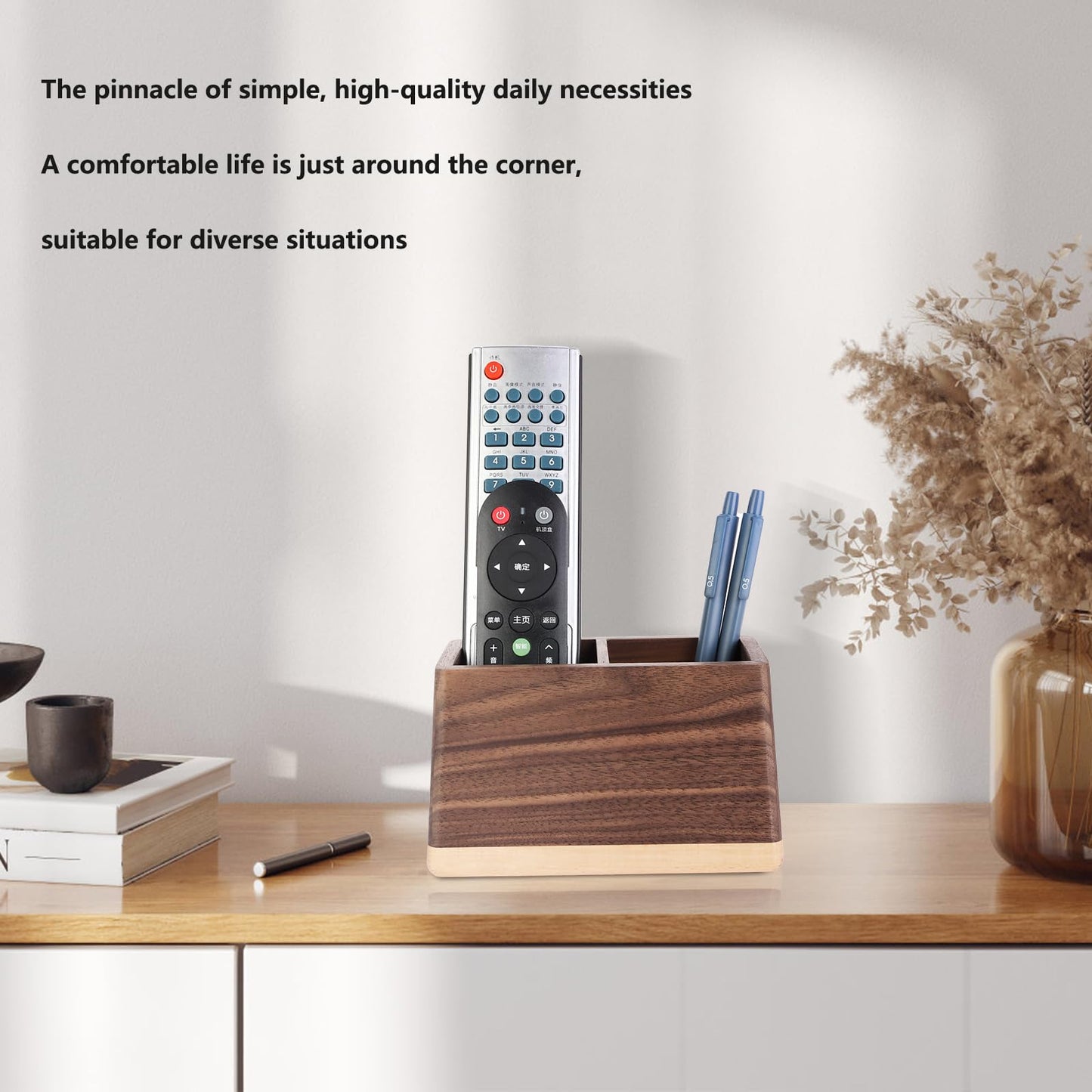 Sakulaya Walnut Pencil Holder Wood Pen Holder for Desk Multiple-Use Desk Writing Stationary Organizer Office School Supplies Storage Double Slots Trapezoid Shape