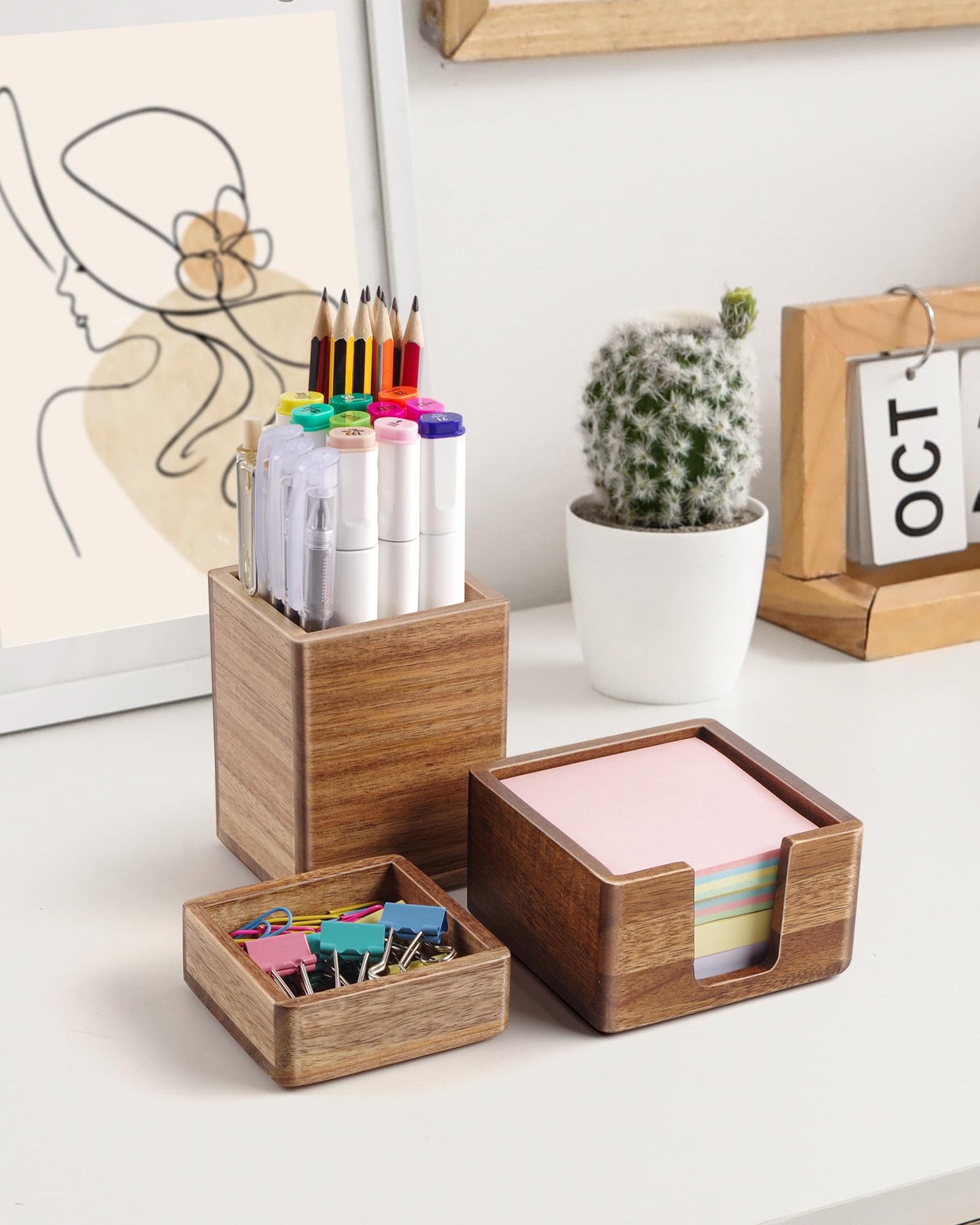 SWKHDKX Acacia Wood Desk Organizer Set with Sticky Note Holder, Pencil Pen Cup & Paper Clip Storage, Office Desk Accessories for Marker Craft (Set of 3)