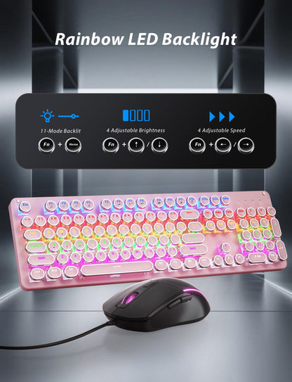 Typewriter Mechanical Gaming Keyboard and Mouse, Metal Panel Retro Keyboards with Round Keycap Blue Switch, Rainbow LED Backlit 104-Key Anti-Ghost Wired Mouse and Pad Combo for PC Laptop Mac Gamer
