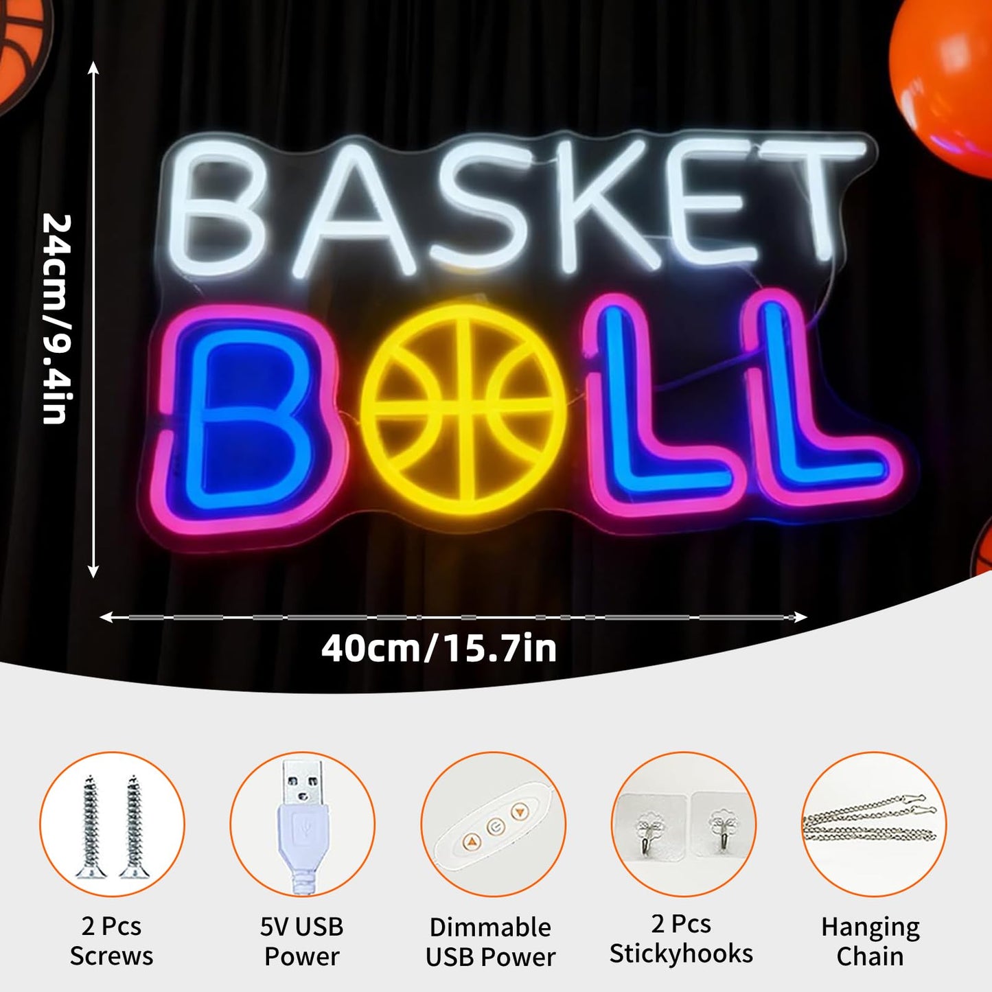 Basketball Neon Sign - USB Powered Dimmable Decorative Neon Light for Bedroom Game Room Man Cave Gym Wall Table Decor Sports Theme Party Decorations 15.7 x 9.4 In