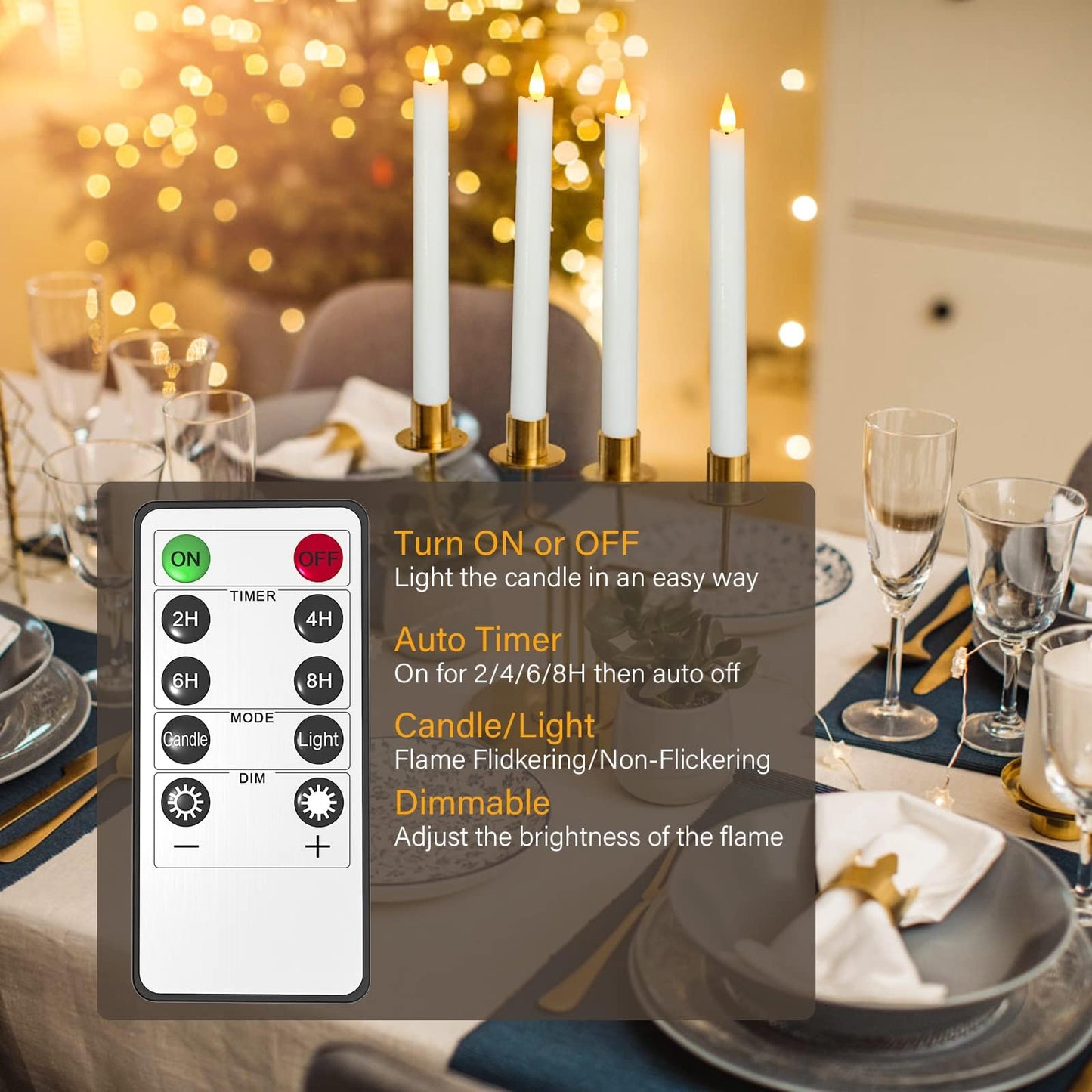 PChero Rechargeable Taper Candles with Remote Timer, 9.8 Inches Real Wax Flameless LED Tapered Candles USB Chargeable for Fireplace Xmas Holiday Home Decor, 2 H Charge/130 H Work Time