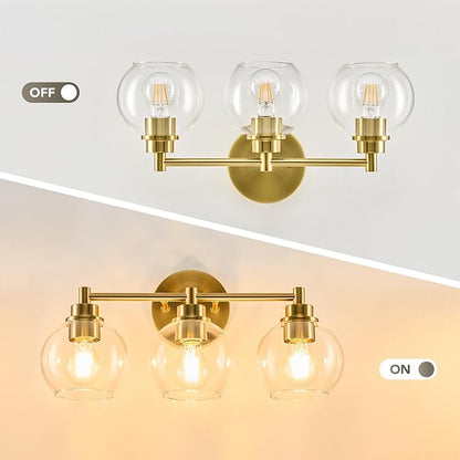 VONLUCE Bathroom Light Fixtures, 3-Light Bathroom Vanity Light with Globe Glass Shades E26 Sockets, Vanity Lights Over Mirror for Bedroom Hallway Living Room, Gold Finish