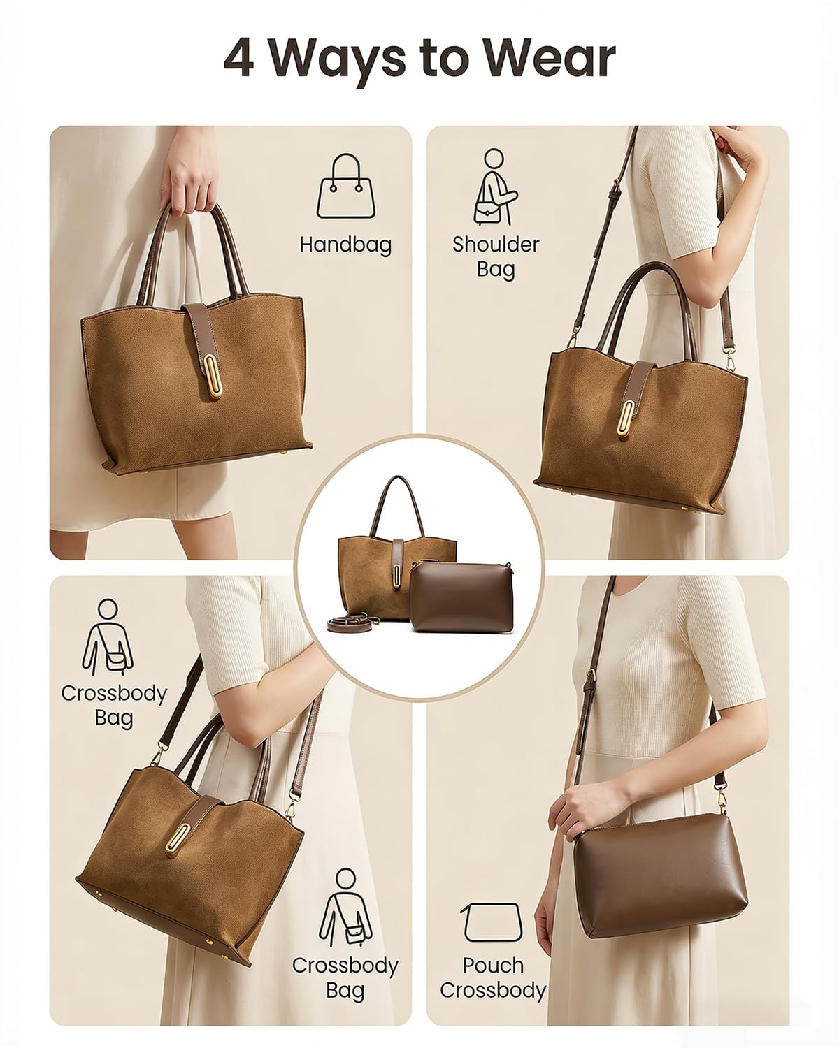 Small Vegan Leather Crossbody Tote Bag for Women, Compact 2-in-1 Shoulder Handbag with Removable Pouch, Work & Daily Use (Small - Vegan Leather - brown)