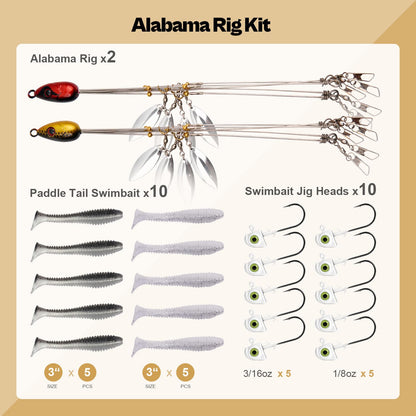 Alabama Rig (A-Rig) Fishing Lures Kit – 2 Rigs, 10 Jig Heads & Swimbaits, Tackle Box for Striper/Bass Fishing