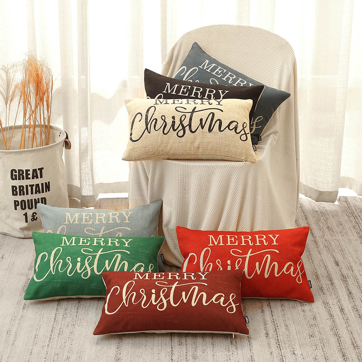 TRENDIN Christmas Couch Pillow Cover 20x12 inch, Blue Lumbar Throw Pillowcase, Home Chair Office Winter Decorations Linen Cushion Cover for Sofa Couch PL704TR