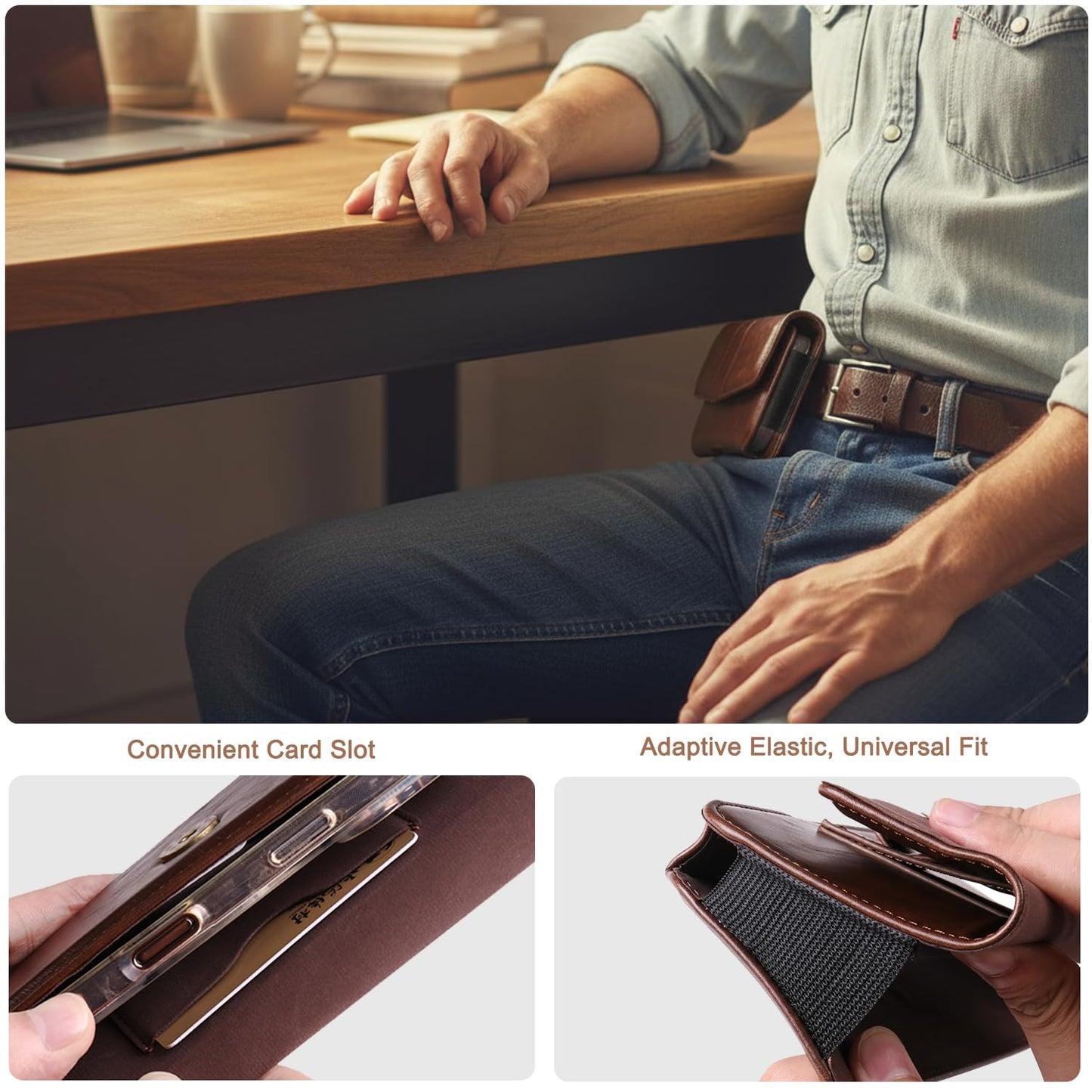 INGIDO Phone Holster Compatible with iPhone 16 15 14 13 12 and Pro, Galaxy S25 S24 S23 S22 S21 S20, Leather Phone Pouch with Metal Belt Clip, M-Coffee