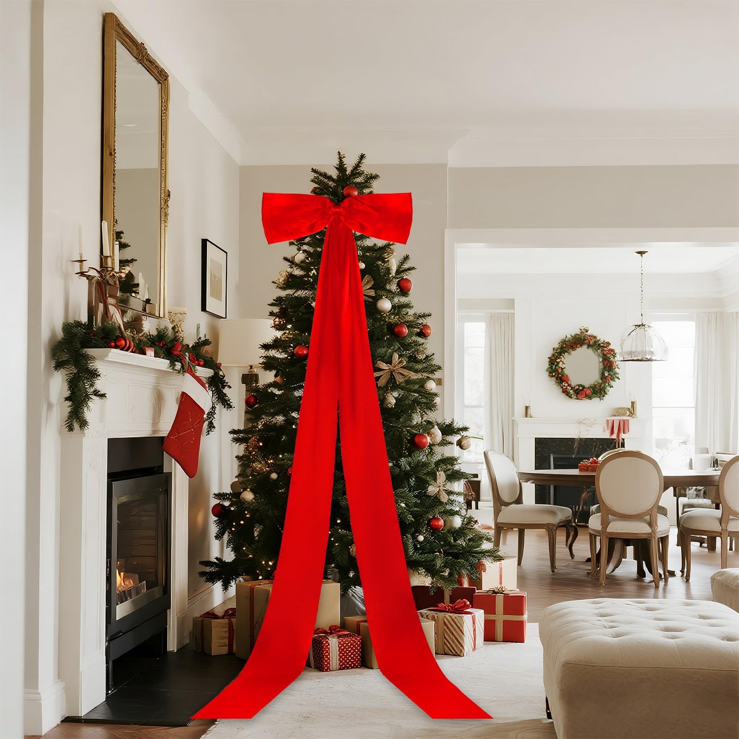 Giant Christmas Tree Bow Topper Big Bow for Christmas Tree Decorations 18X118In Tree Toppers Bows Big Red Bows for Wedding Birthday Party Wall Backdrop (Red)