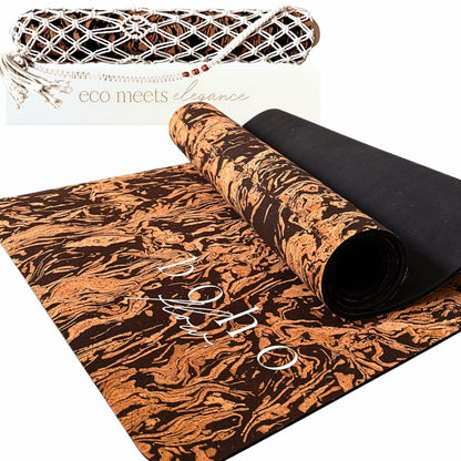 Boho Flow Deluxe Cork Yoga Mat | Caffè Core - Coffee Cork Edition | Eco-Luxury Coffee-Infused Cork Surface, Natural Tree Rubber Base & Signature Handmade Boho Macramé Bag