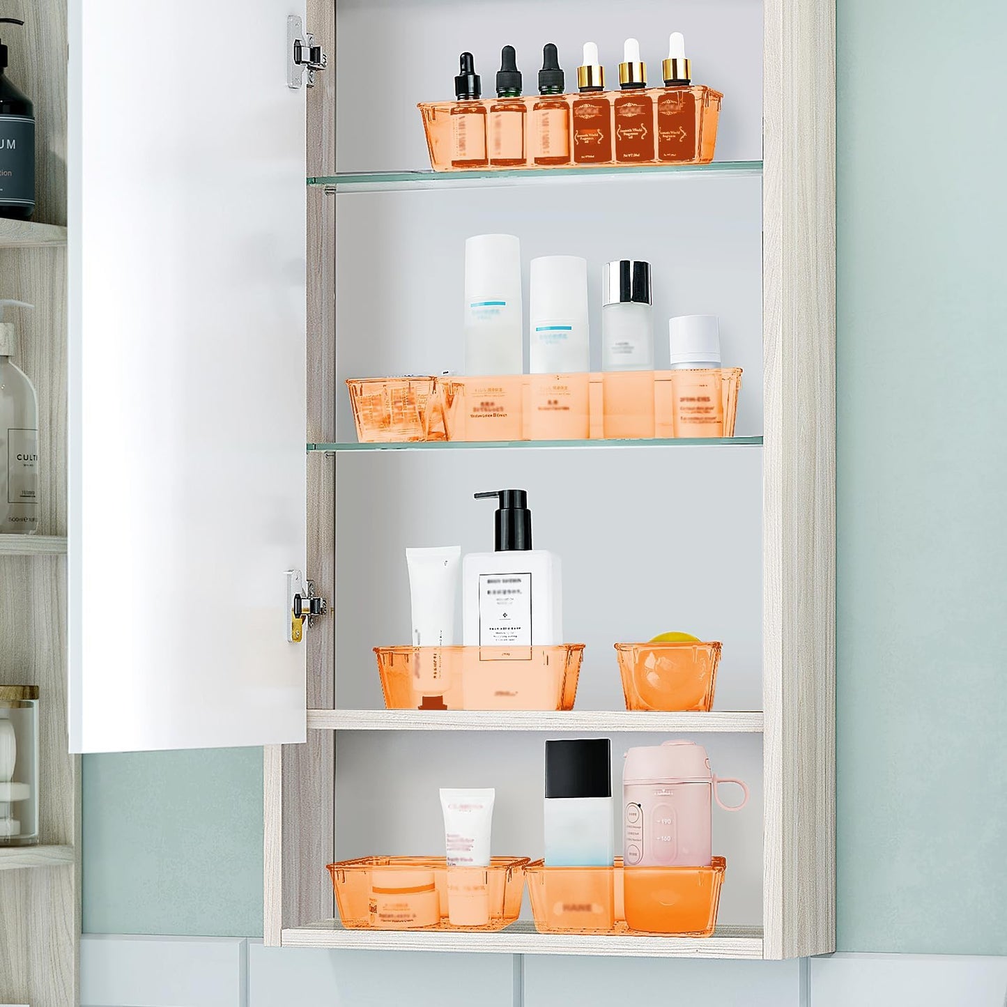 WOWBOX 25 PCS Plastic Drawer Organizer Set, 4 Sizes Desk Drawer Divider Organizers and Storage Bins for Makeup, Jewelry, Gadgets for Kitchen, Bedroom, Bathroom, Office, Clear Orange