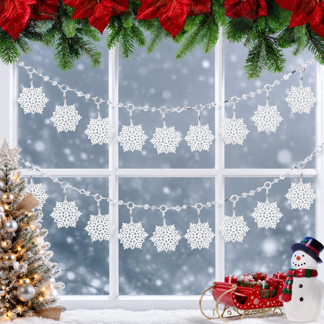 Snowflake Christmas Garland Decorations Set of 2 – 72 Inch Glitter Snowflake Hanging Garlands with Large 4” & 6” Snowflakes – Winter Wonderland Christmas Tree, Mantel, Staircase & Holiday Party Decor