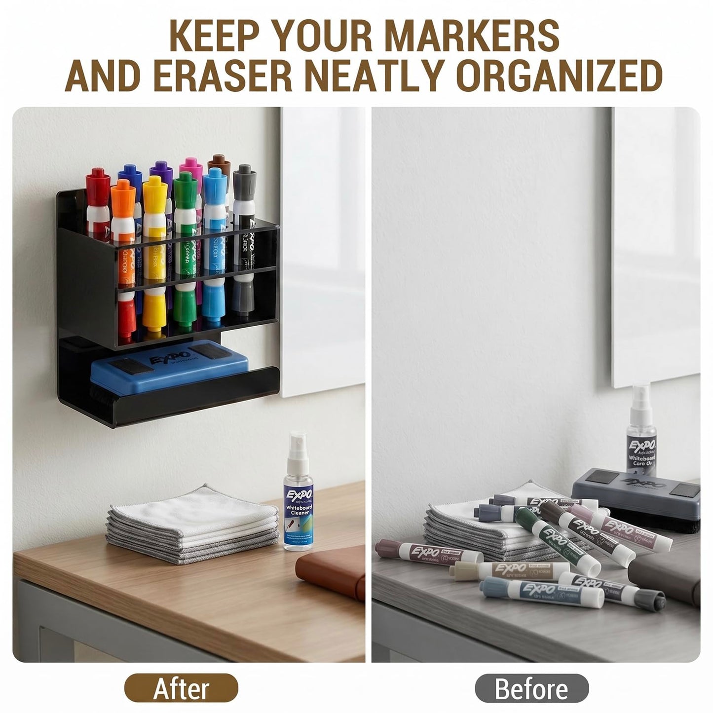 MyGift Dry Erase Marker Holder 10 Slots Whiteboard Marker Holder for Wall Dry Erase Eraser Holder Wall Mount Black