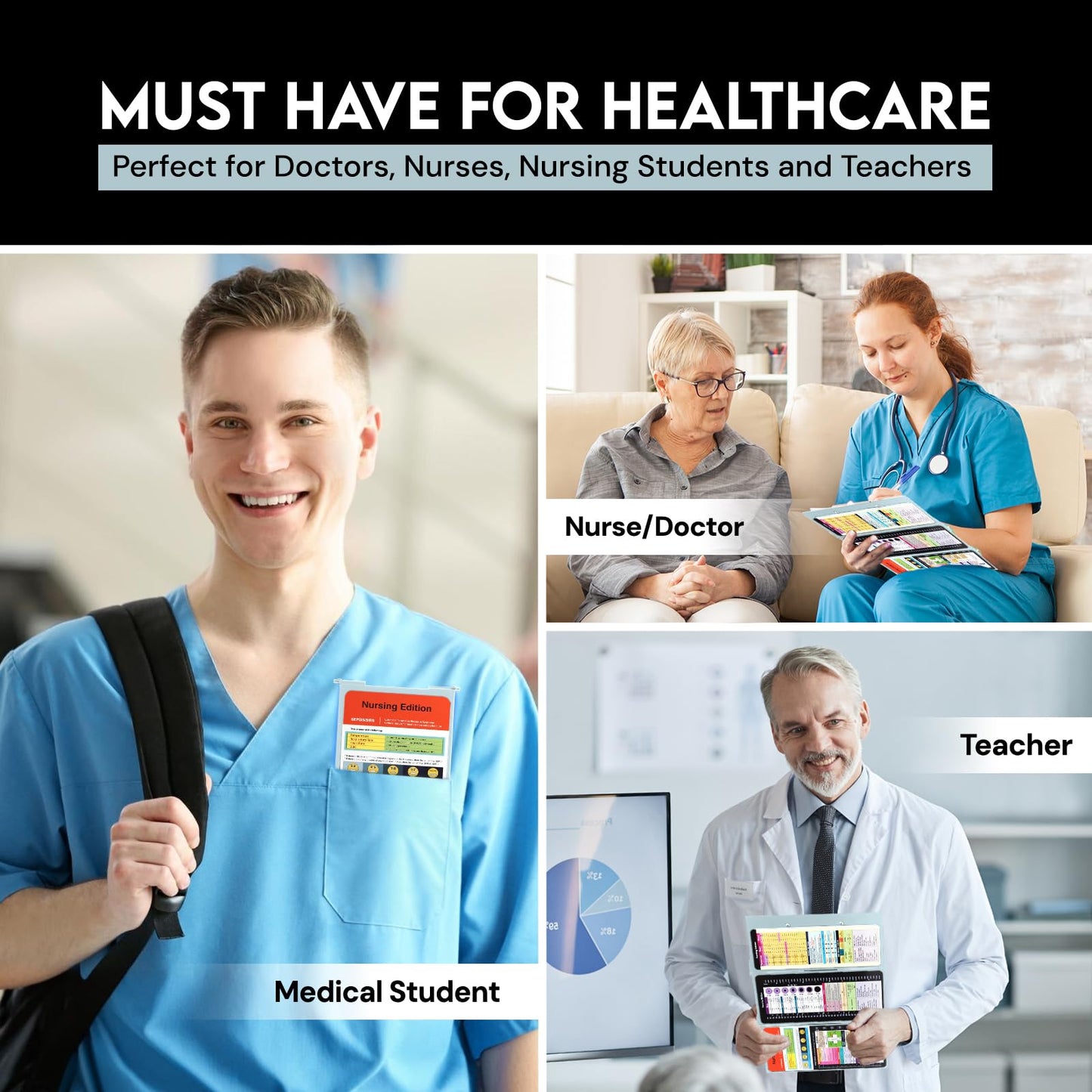Nursing Clipboard Foldable with Medical Edition Cheat Sheets, 3 Layers Aluminum Foldable Clipboard for Nursing, Notepad for Students, Nursing School Essentials (Mint)