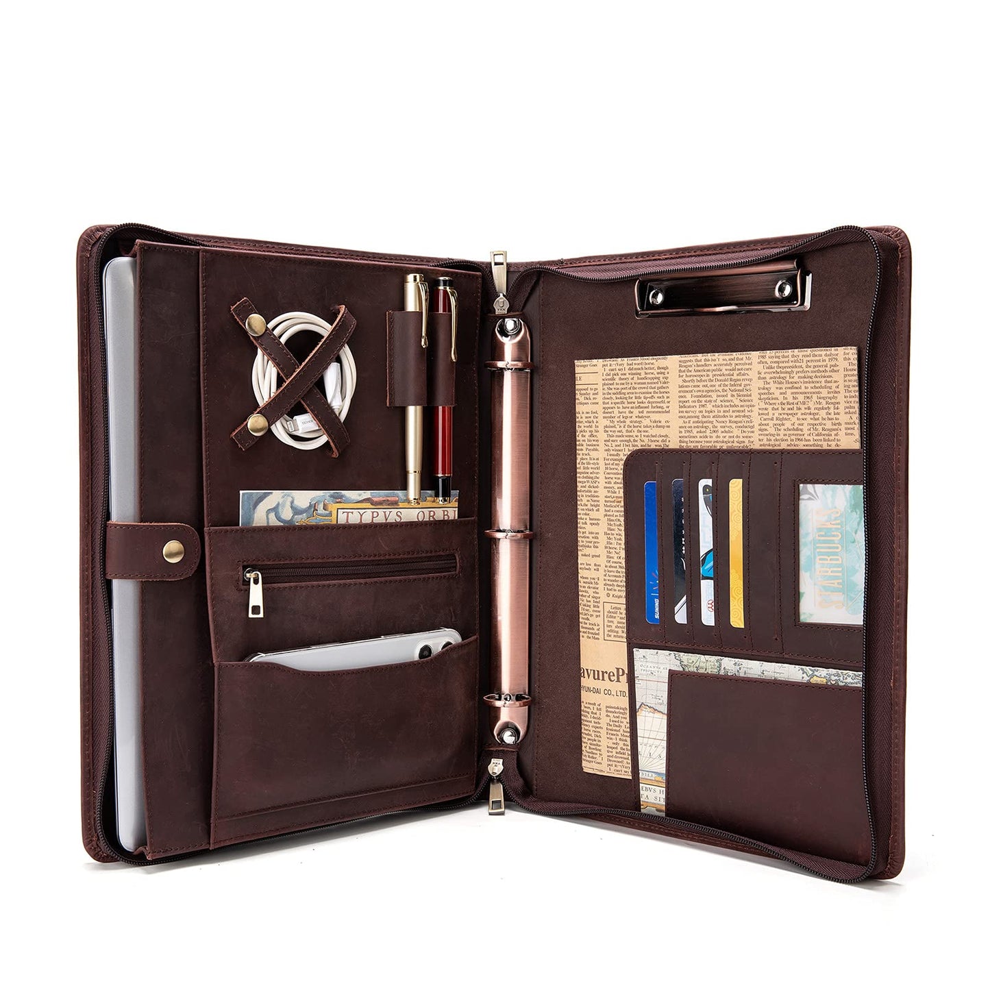 YIWEN Handmade Leather Portfolio with Handle, 3 Ring Binder, Zippered Padfolio for 13" Tablet, 8.5 x 11 Notepad, Professional Business Document Organizer (Dark Brown, Crazy Horse Leather)