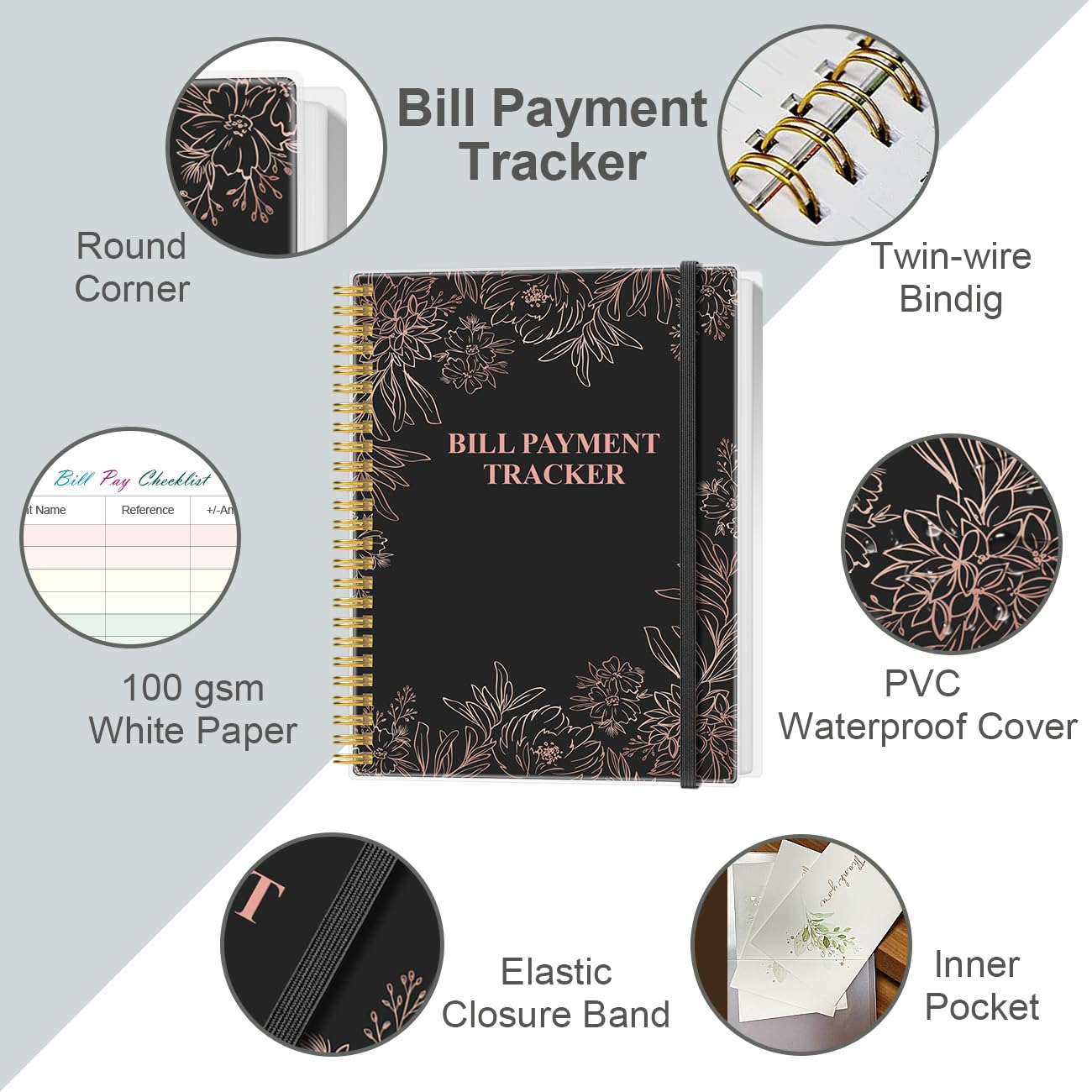 Bill Tracker Notebook - Monthly Bill Organizer & Planner for Personal Budgeting Financial, Monthly Bill Payment Checklist, 8.5" x 11", Black Flowers