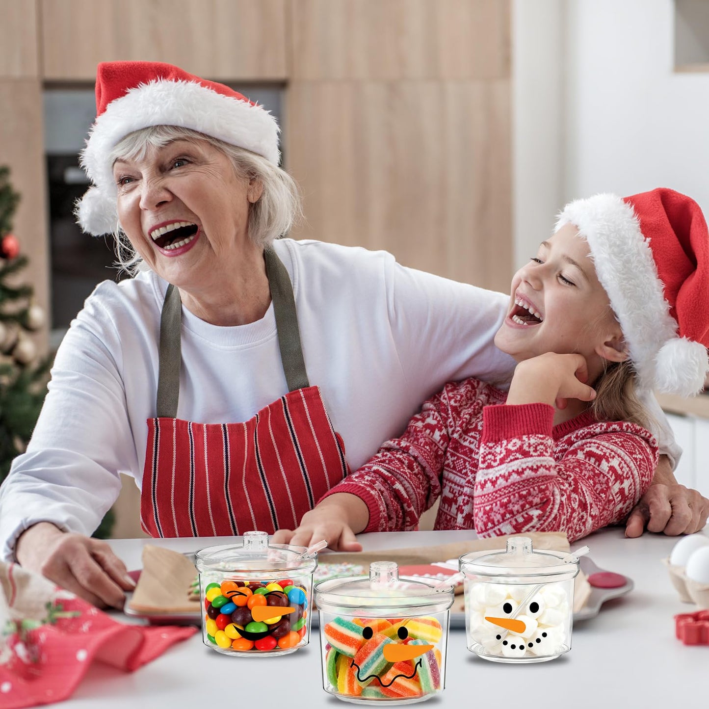 FYSUIMU 3Pcs Christmas Hot Cocoa Bar Supplies Clear Acrylic Sugar Bowl with Lid Spoon Cute Snowman Xmas Candy Jar 6.8 Oz Kitchen Storage Container for Home Coffee Bar Holiday Party