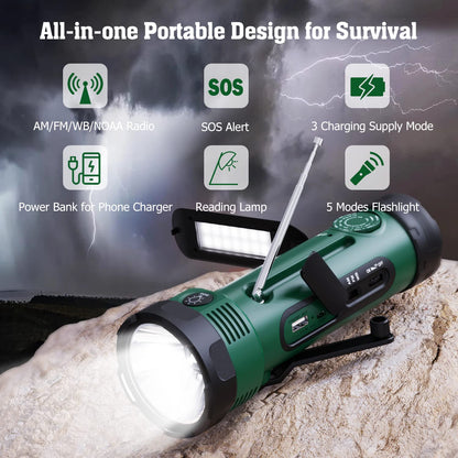 Emergency Radio with 5-Mode LED Flashlight, Solar Hand Crank NOAA Weather Radio, Portable AM FM Battery Operated Radio with Phone Charger, Reading Lamp & SOS Alarm for Home, Camping, Outdoor Survival