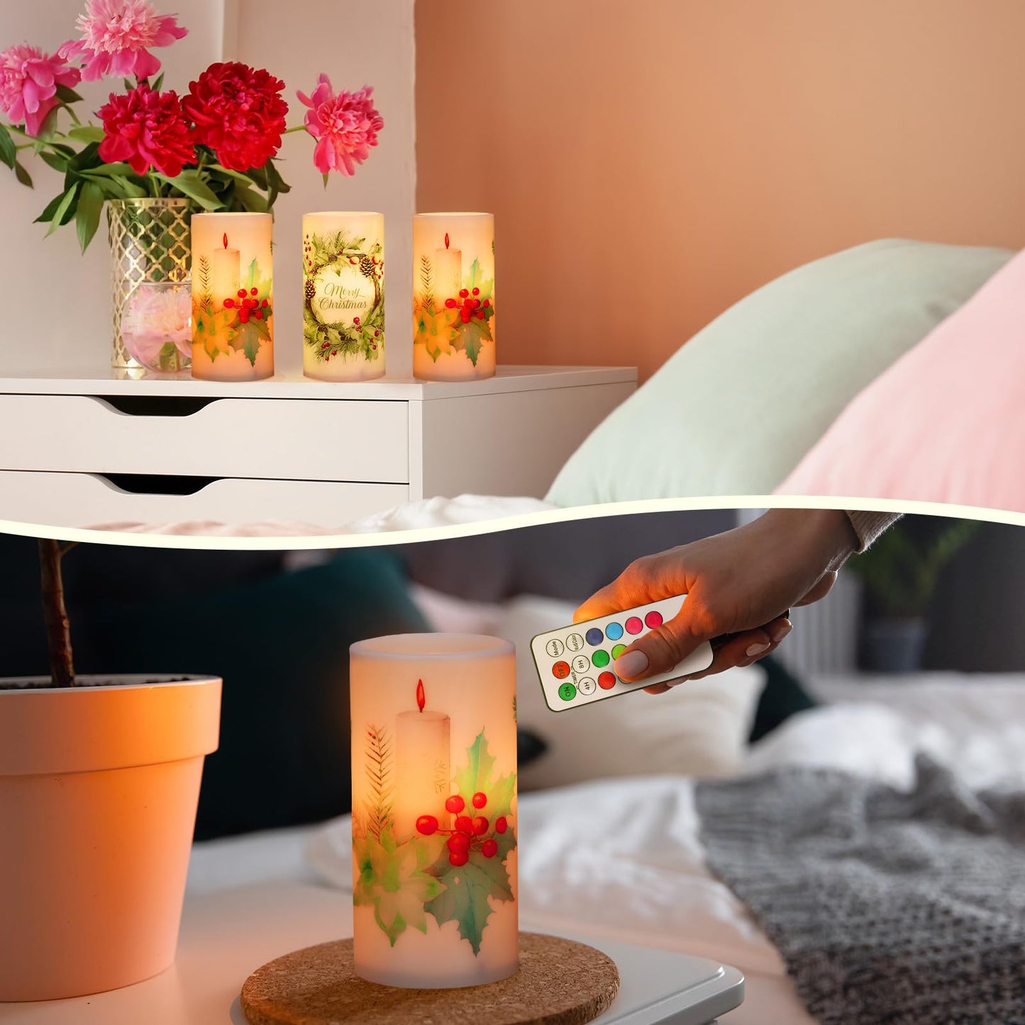 Retisee 3 Pcs Farmhouse Christmas Flameless Candles with Remote Rustic Christmas Battery Operated LED Candles Farmhouse Xmas Decor for Rustic Xmas Holiday Dining Table Bedroom Living Room