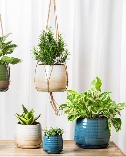 Ceramic Plant Pots with Drainage Holes and Saucers, Indoor Flower Pots for Plants Set of 3, 3.4+4.7+6.1 inch Cute Garden Pots Set for Succulent and Money Tree, Gift for Housewarmings, Blue