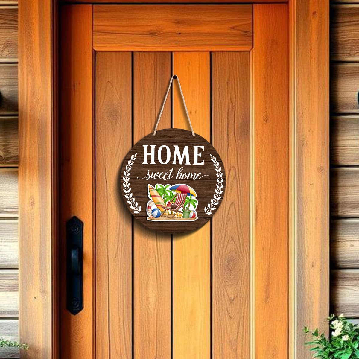 Interchangeable Welcome Sign Summer Patriotic 4th of July Front Porch Decor, Rustic Round Wood Wreath Door Decoration, Home Sweet Home Sign for Spring Fall Winter All Seasons Holiday, Dark Brown