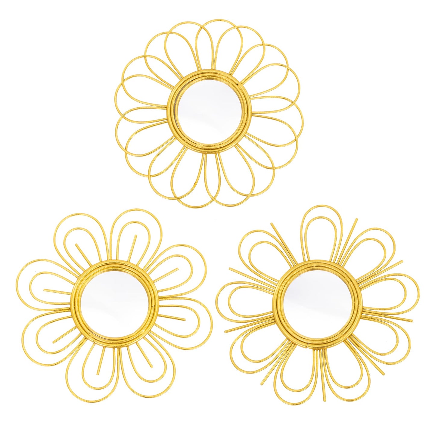 Gold Mirrors 3 Piece, 9 inch Flower-Indoor Shaped Mirror Hanging Wall Decor