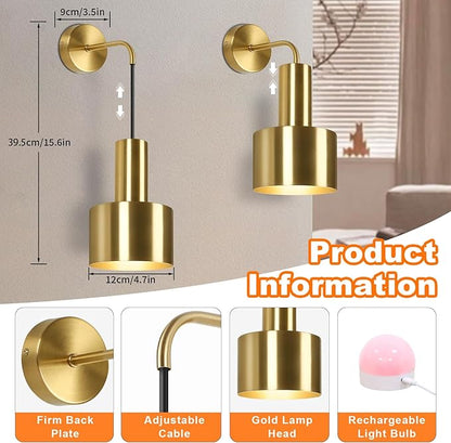 VerRon Rechargeable Battery Operated Wall Sconce Set of Two, Gold Wireless Battery Powered Lights with Dimmable Detachable Bulbs & Remote, Modern Sconces Wall Decor for Bedroom Living Room Hallway