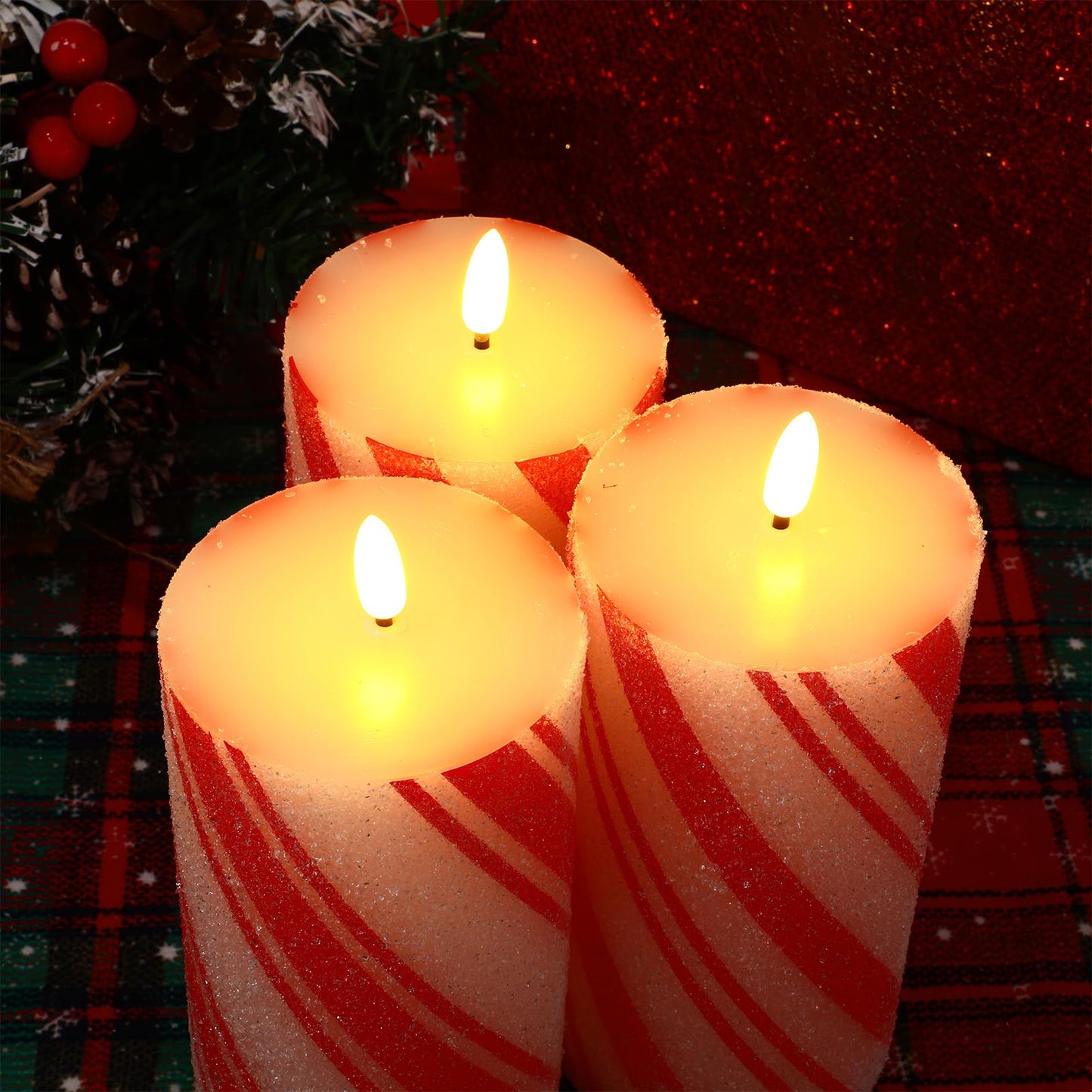 Glooglitter Set of 3 Christmas Flameless LED Candle Frosting Candy Cane Stripe Holiday Pillar Taper Moving Candles Battery Operated Flame Candle with Remote Control for Home Xmas Wedding Decoration