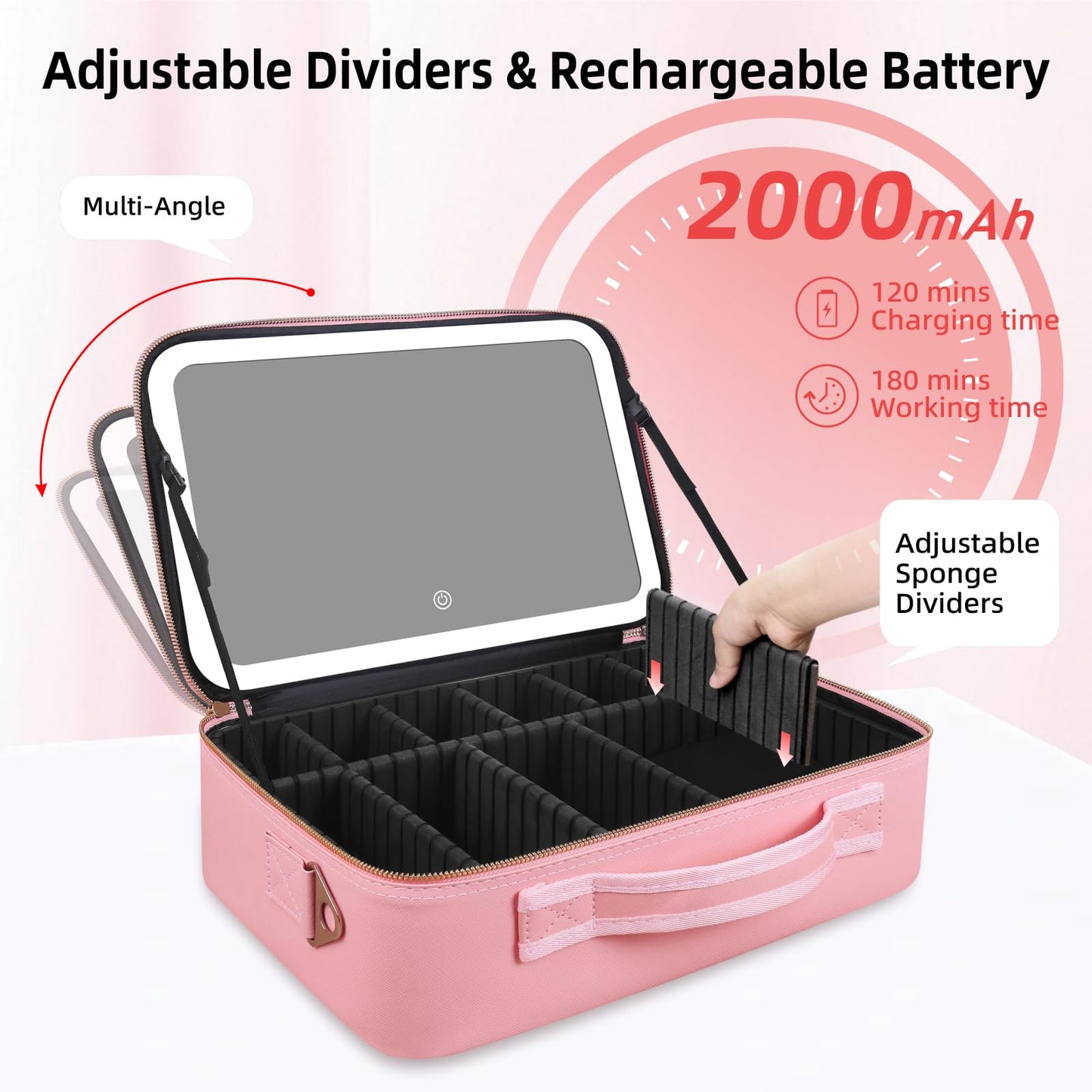 Upgraded Large Travel Makeup Bag with LED Mirror, 15” Professional Makeup Case with 3 Color Modes Dimming Lighted Mirror, Light up Cosmetic Make up Organizer with PU Leather Cover, Adjustable Dividers