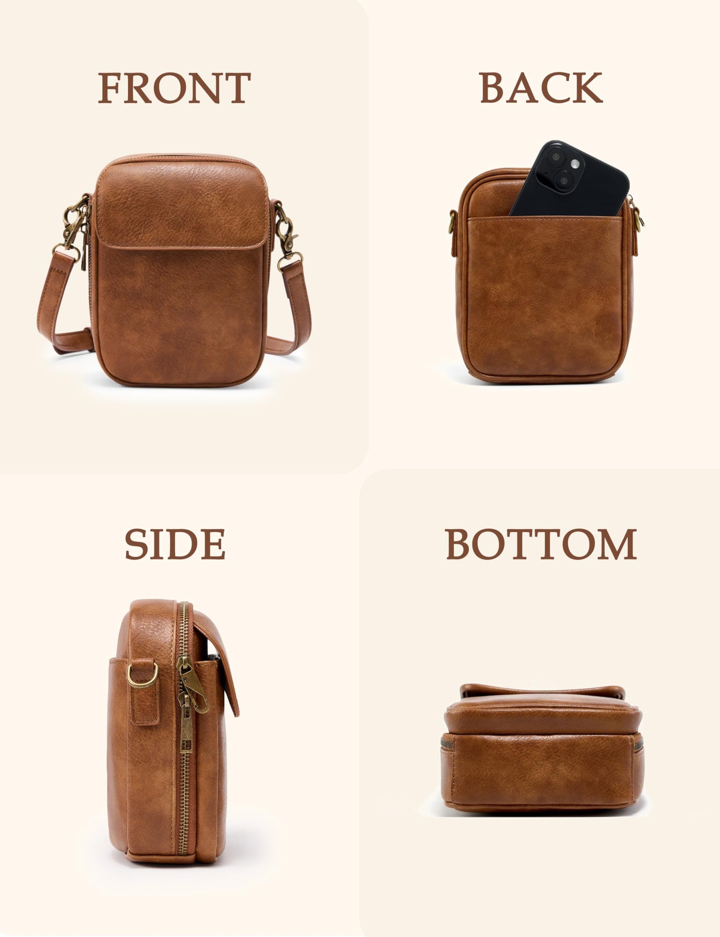Yarnic Small Crossbody Bag, Vegan Leather Cell Phone Purse for Women, Vintage Wallet Bag with Card Slots (Brown-leather strap)