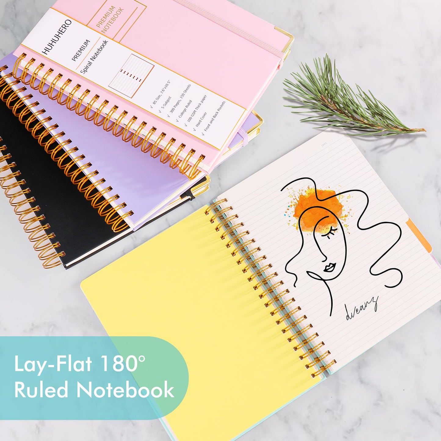 Huhuhero 5 Subject Notebook, 240 Pages Lined Spiral Journal College Ruled, 7.6" x 10.5” B5 Hardcover Journaling Notebooks for Work Note Taking, College School Supplies, Black