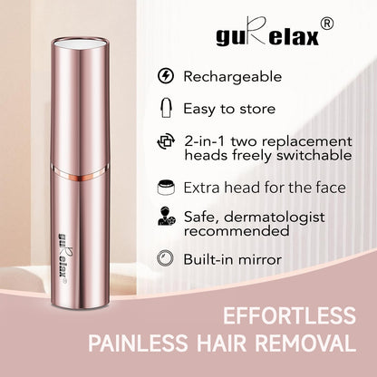 Facial Hair Removal for Women, Electric Painless Rechargeable Facial Hair Remover for Face, Lip, Chin with 2 x Replacement Heads
