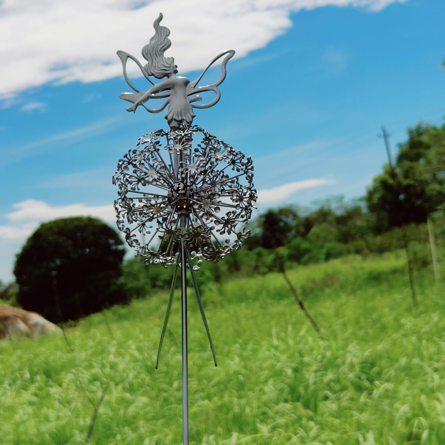 Fcteap Flower Fairy Dancing with Dandelion Garden Art Sculpture Stainless Steel Statue Christmas Halloween Decoration for Outdoor Yard Courtyard Lawn Patio Metal Ornaments (Open Hands)