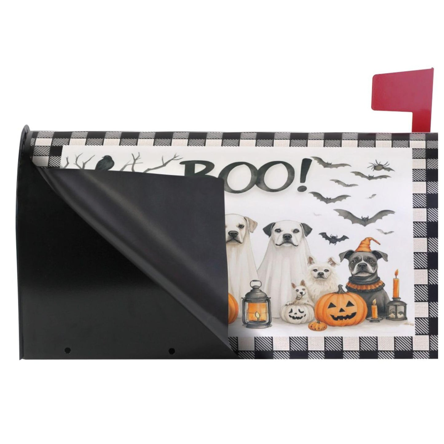 Happy Halloween Dogs Magnetic Mailbox Covers Spooky Bat Raven Pumpkin Buffalo Plaid Mailbox Cover Standard Size Full Magnet Garden Yard Porch Mail Boxes Cover Holiday Decorations 21" L x 18" W